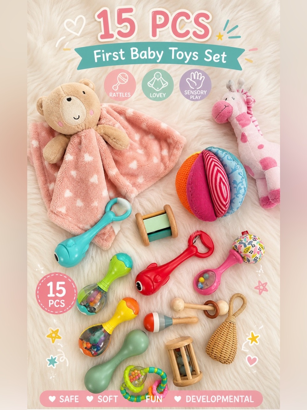 Set of 15 pcs First Baby Toys Set - Pink Baby Girl Lovey and Sensory Rattles